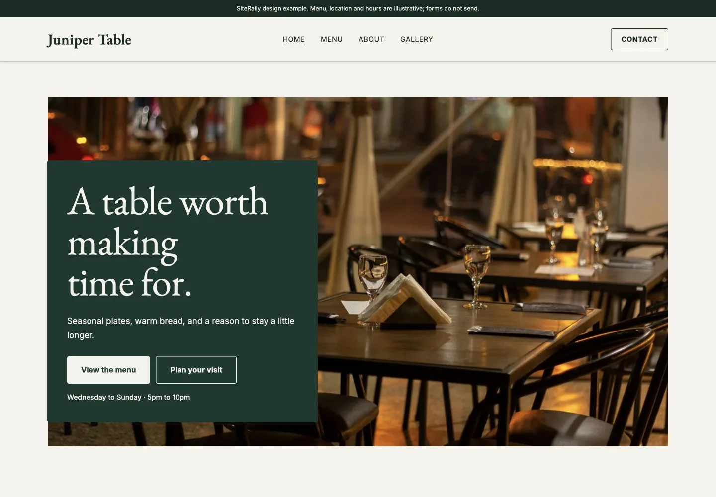 Juniper Table restaurant homepage preview