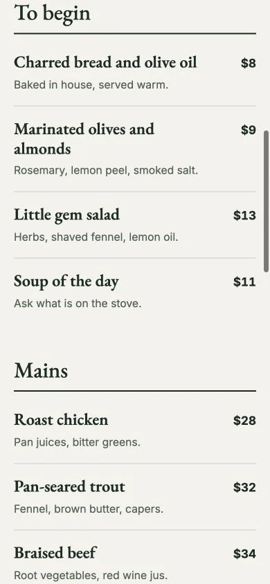 Juniper Table mobile menu showing dishes and prices